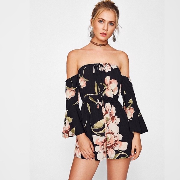 Pants - Floral Off Shoulder Tie Front Romper